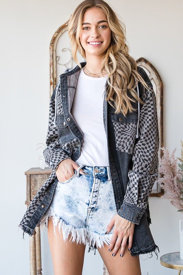 Checkered Hooded Shacket- MJ1065 - Black 