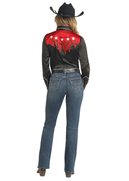 Retro Silk Shirt with Flames- Black- BWN2S04475