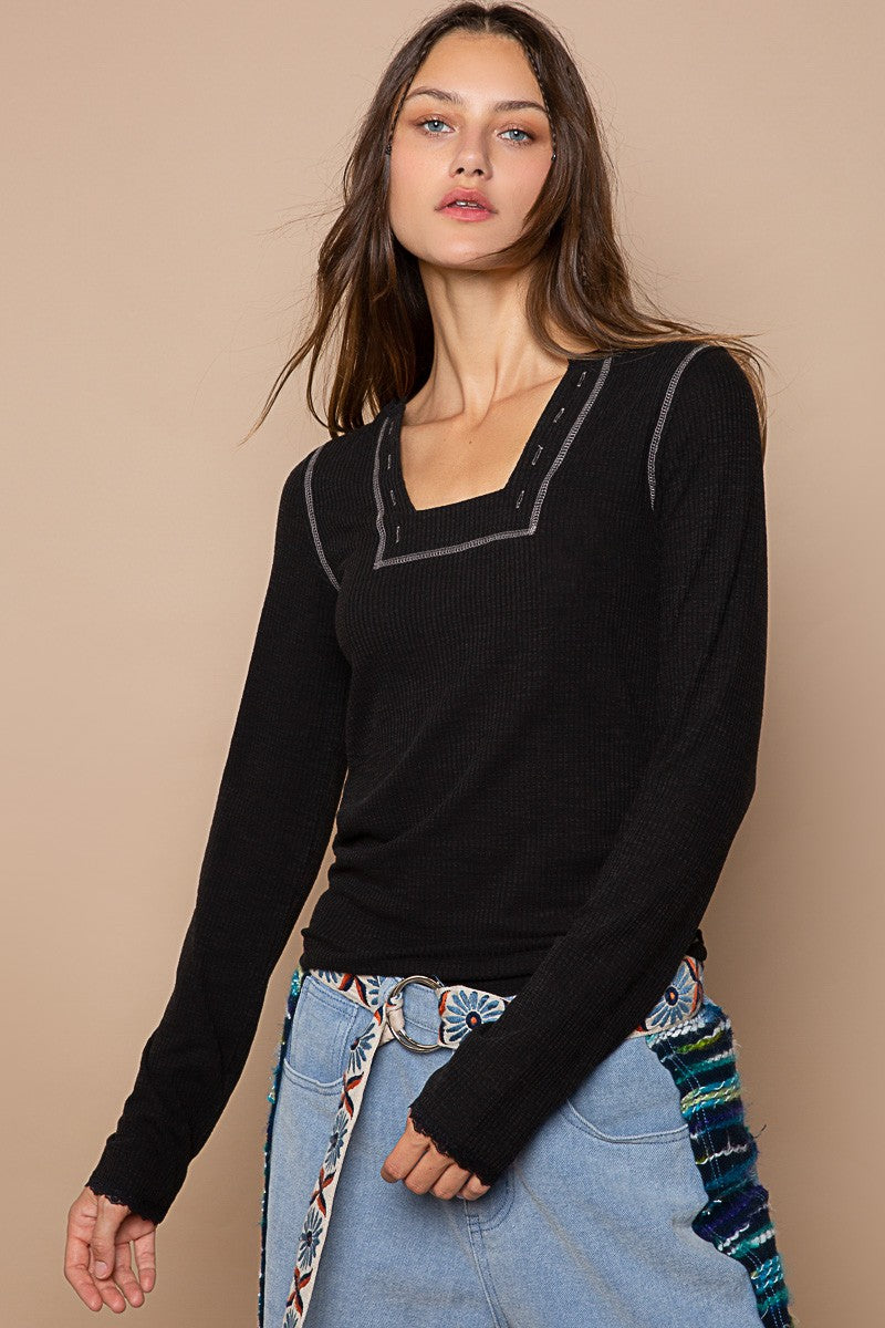 Ribbed Square Neck Long Sleeve with Contrast Stitch- Black- 