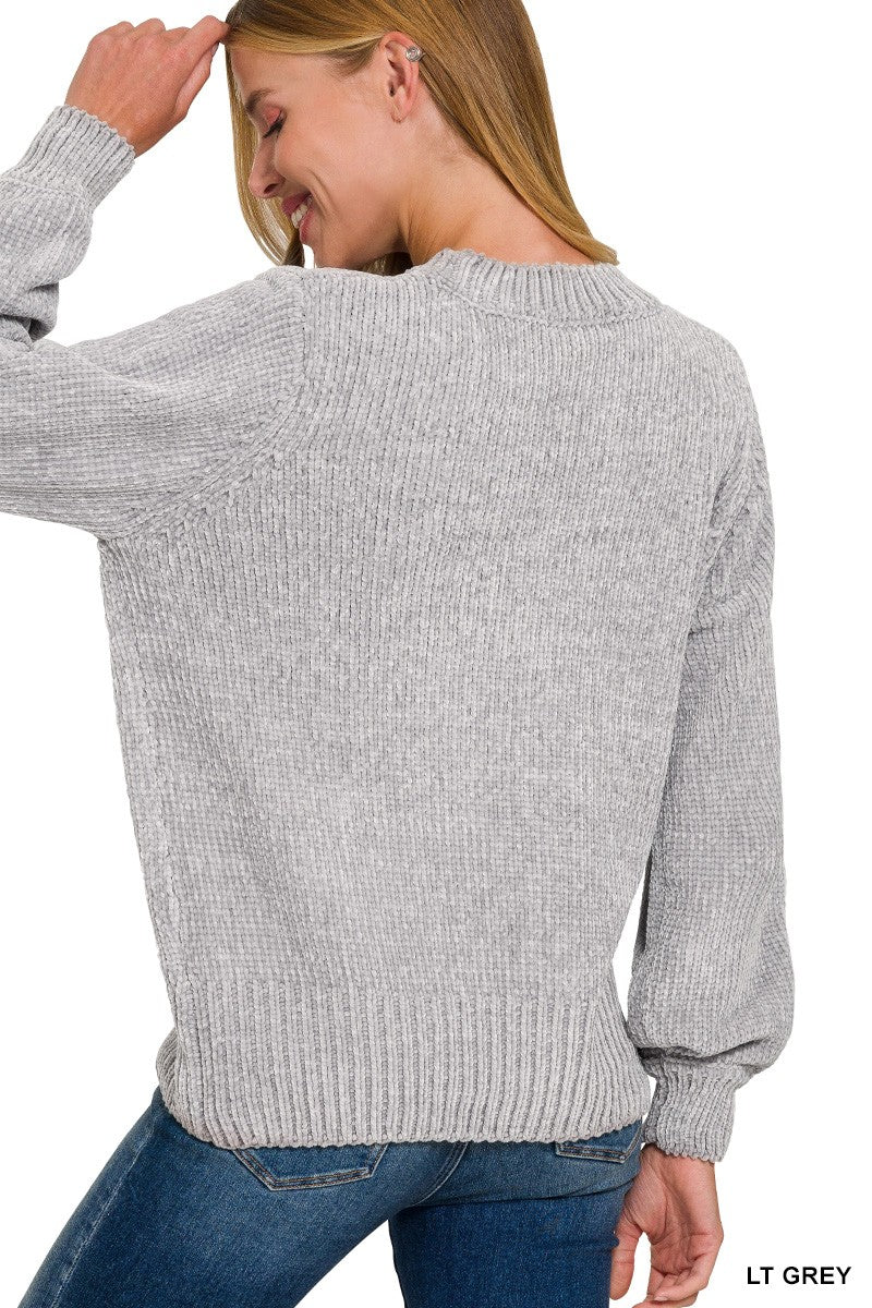 Chenille Balloon Sleeve Sweater- TW-3419A- Light Grey- 