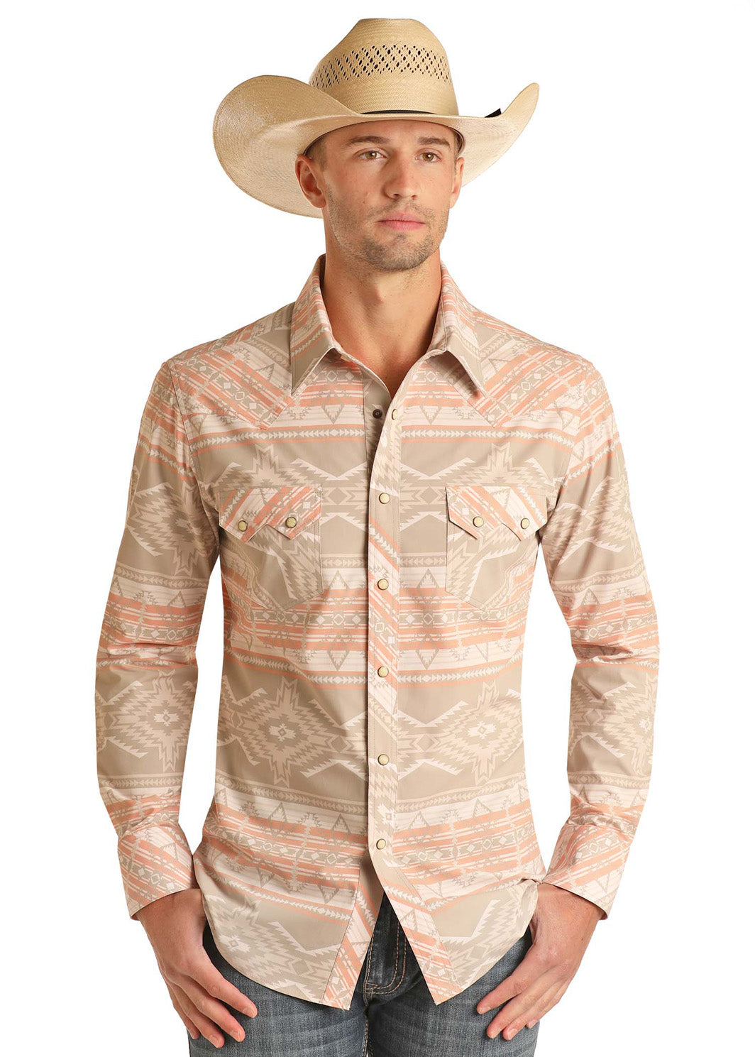 Light Pink Aztec Print Long Sleeve Pearl Snap 