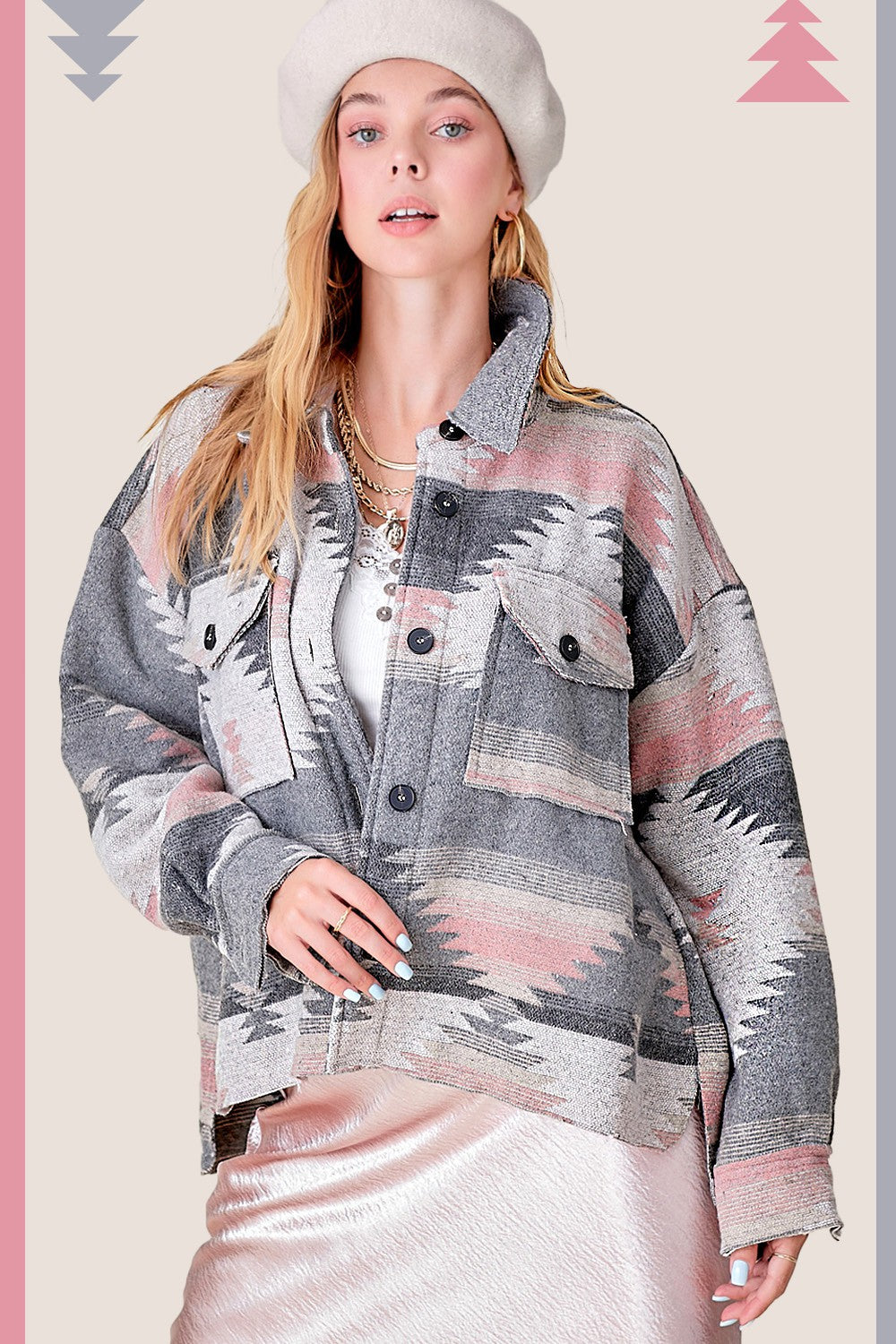 Aztec Print Shacket- Grey/Pink- 