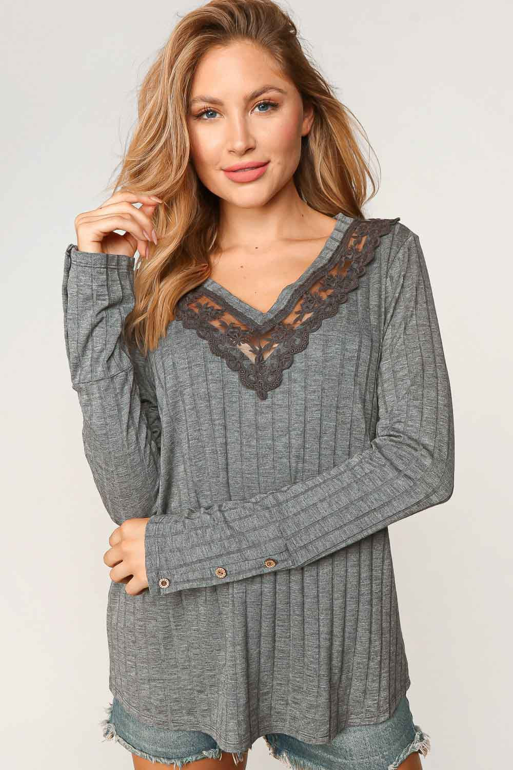 Ribbed V-Neck with Lace Trim Neck- Grey- 