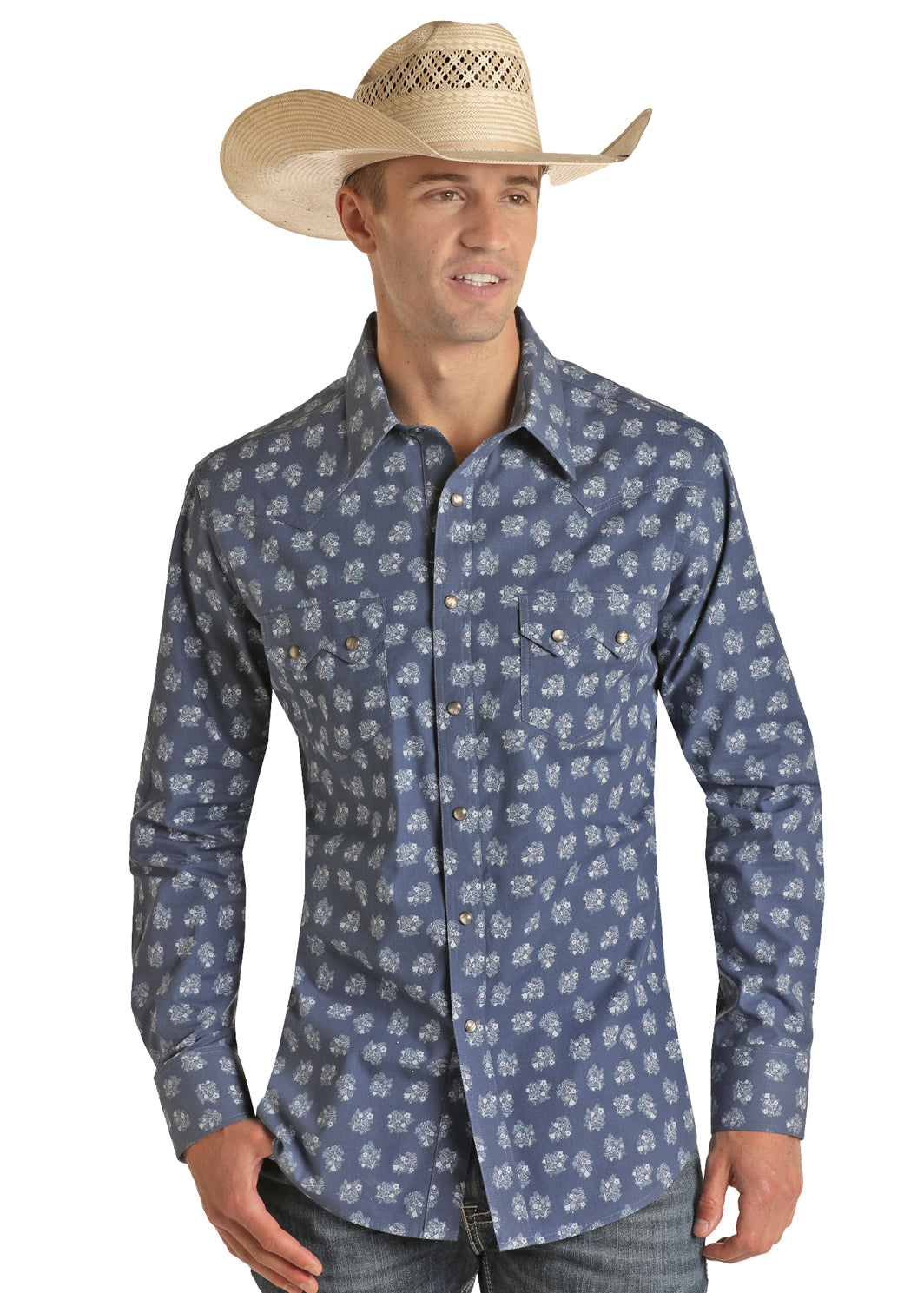 Vintage Blue Floral LS Pearl Snap 