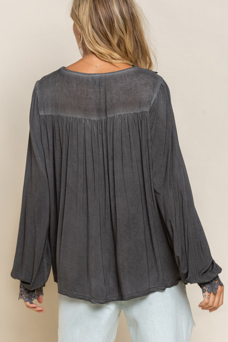 Washed Floral Lace Tunic Top- Black