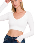 Long Sleeve VNeck Crop Top- NT-6358- White