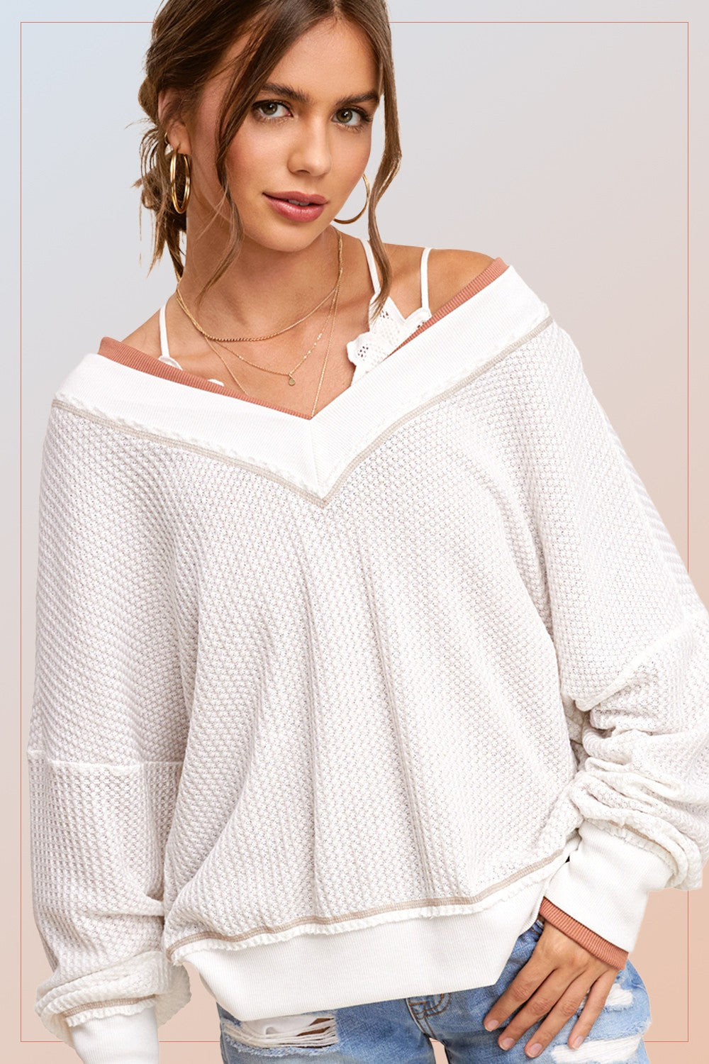 V-Neck Waffle Sweater-White- 