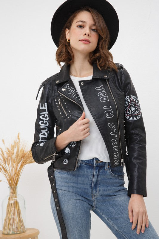 Black Vegan Leather Graphic Jacket