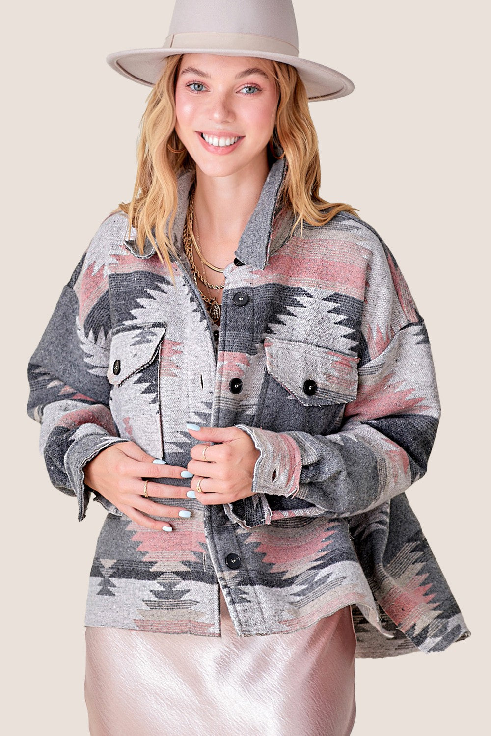 Aztec Print Shacket- Grey/Pink- 