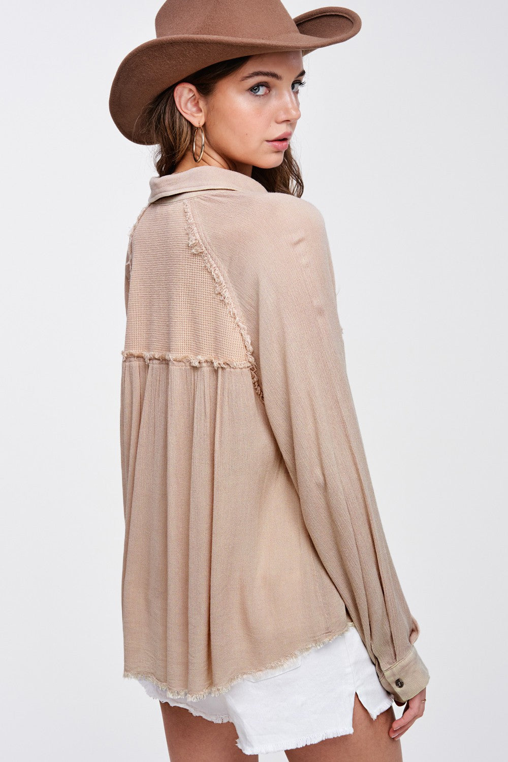 Rose Gauze Waffle Flowy Top- Taupe- 