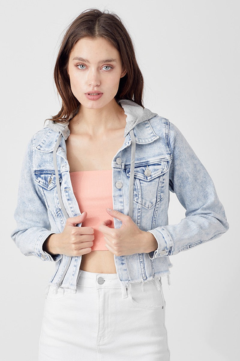 Plus Distressed Denim Jacket with Removeable Hood - XRDJ1109- Light Wash
