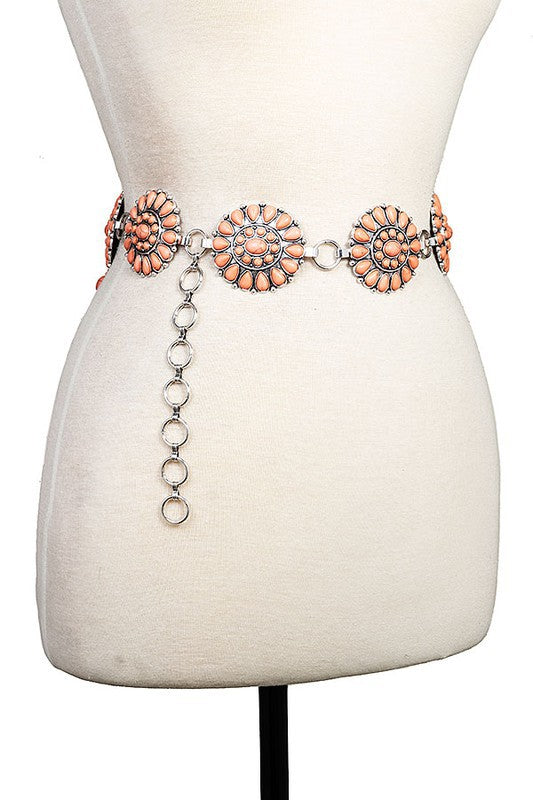 Floral Stone Concho Belt- Pink- S/M