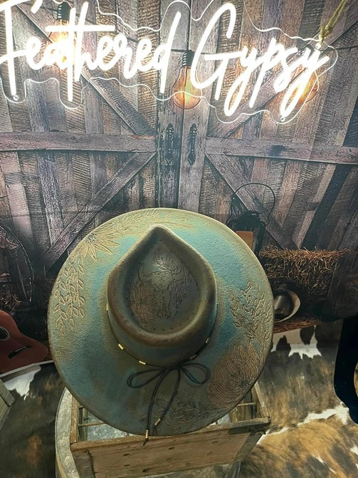 Custom Artist Burned Hat- Teal Rodeo Flowers
