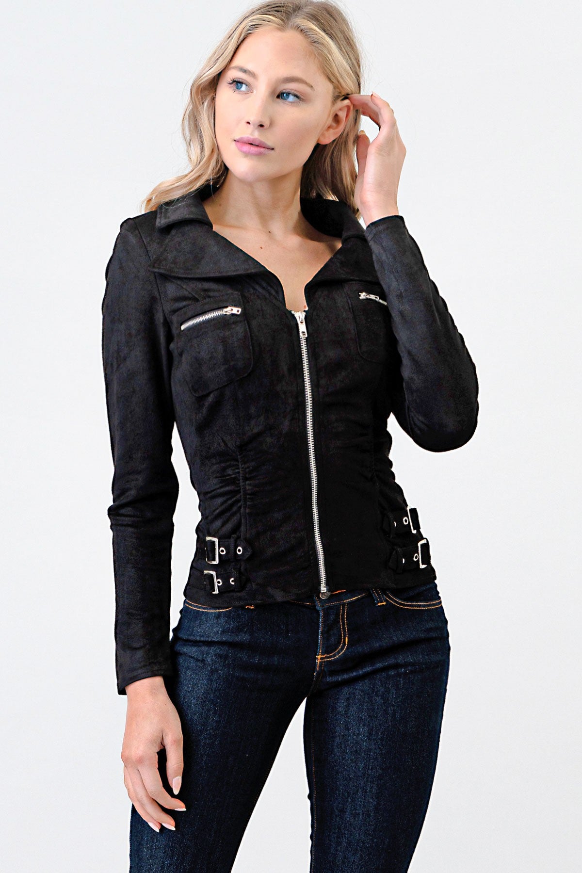 Zip-Up Pocket Suede Shirt- L3683- Black 