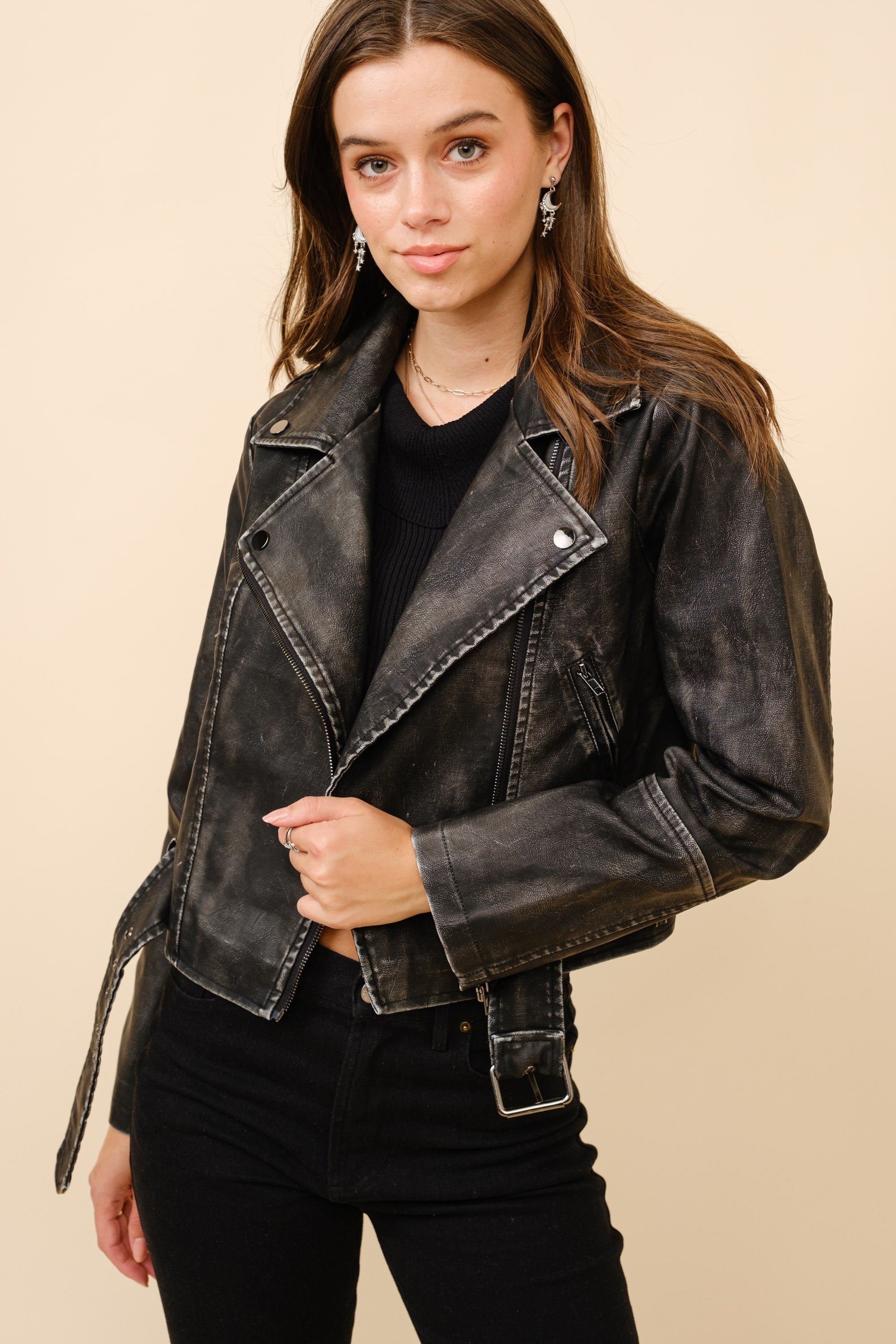 Washed Leather Moto Jacket- Black- 