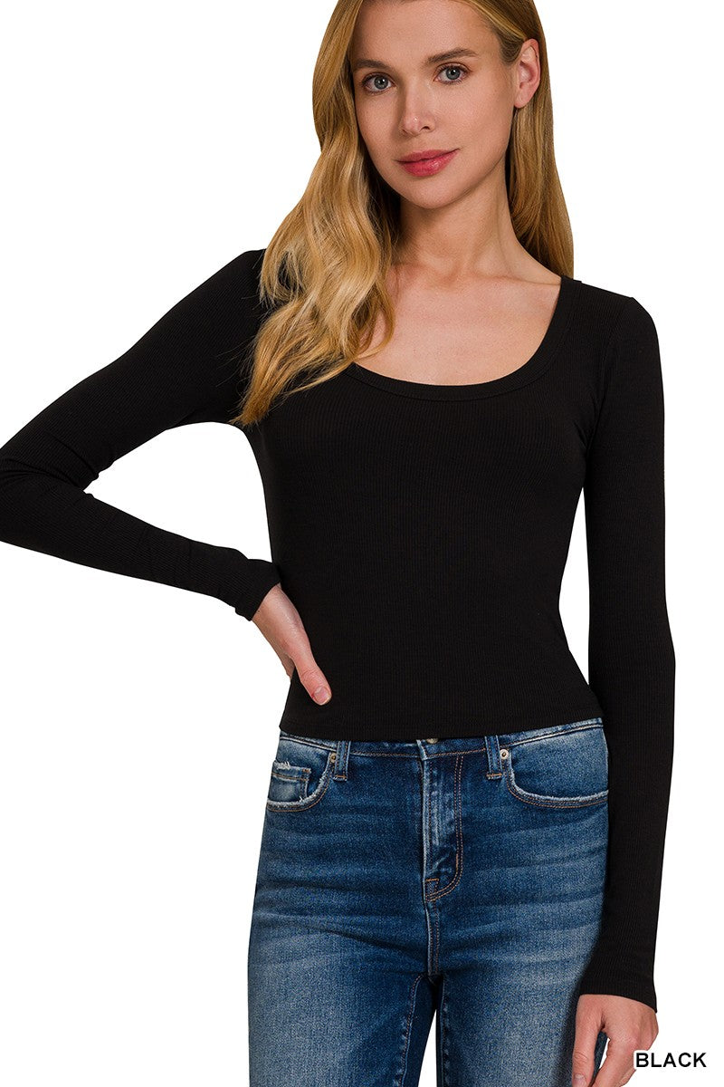 Ribbed Boat Neck LongSleeve Top- RRT-8522- Black 