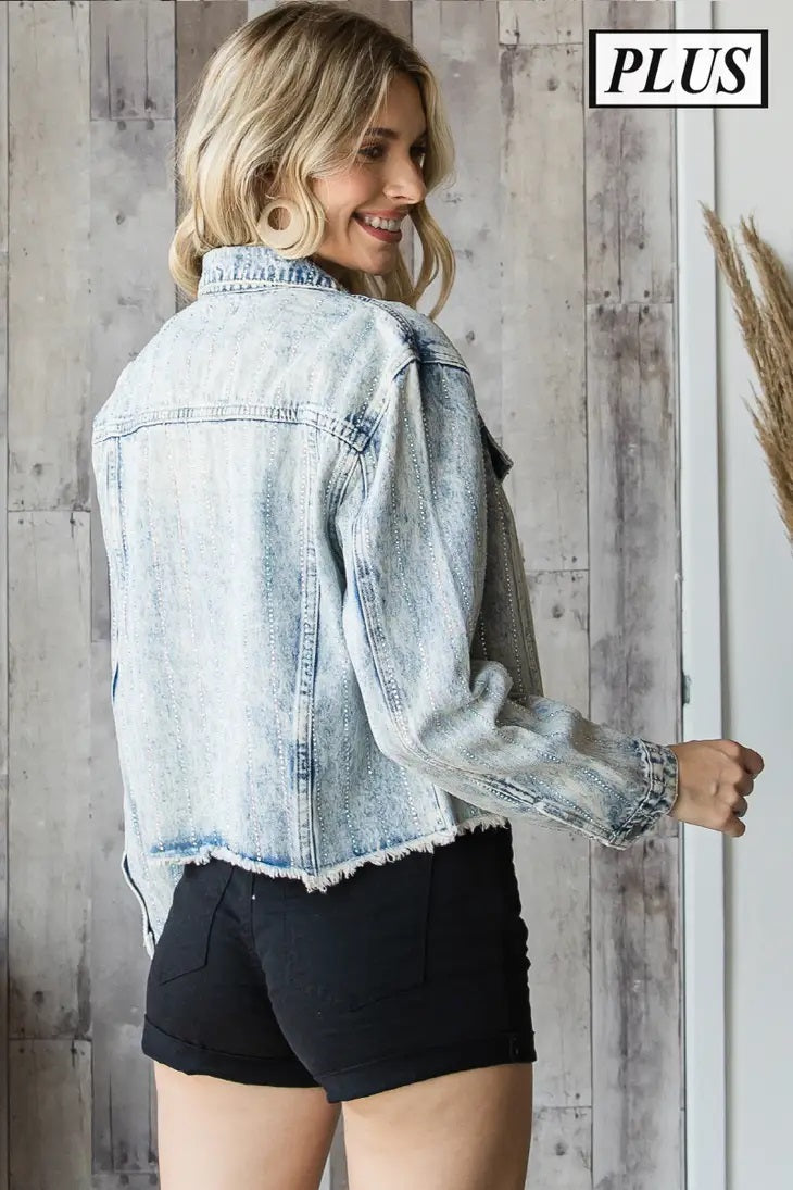 Distressed Denim Jacket with Rhinestone Stripes