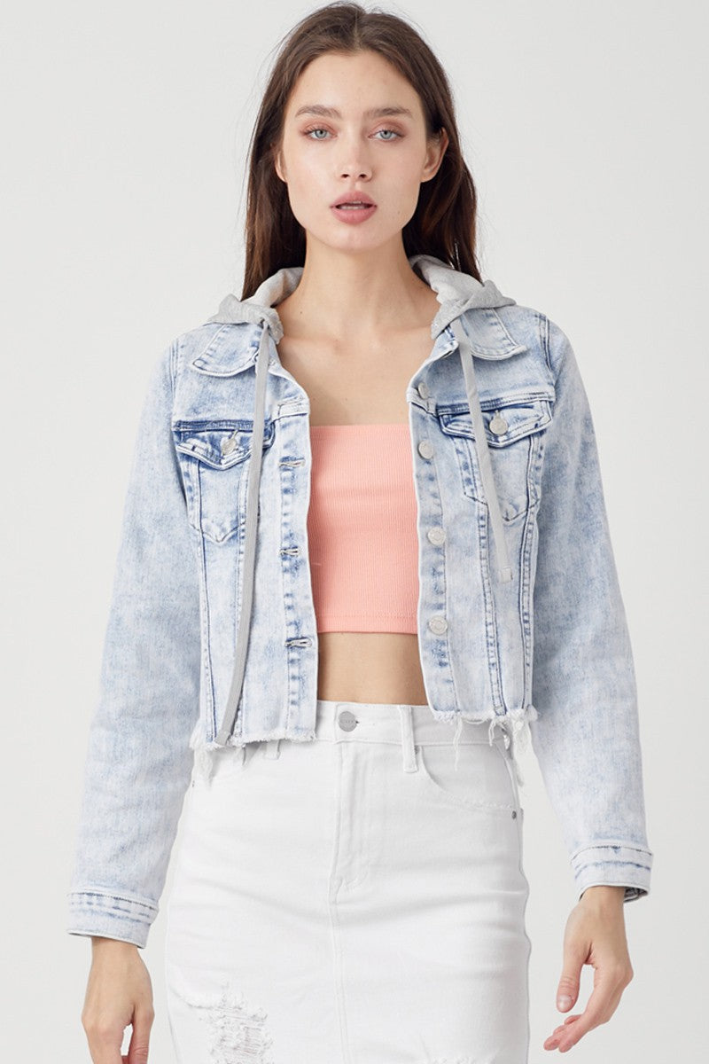 Plus Distressed Denim Jacket with Removeable Hood - XRDJ1109- Light Wash