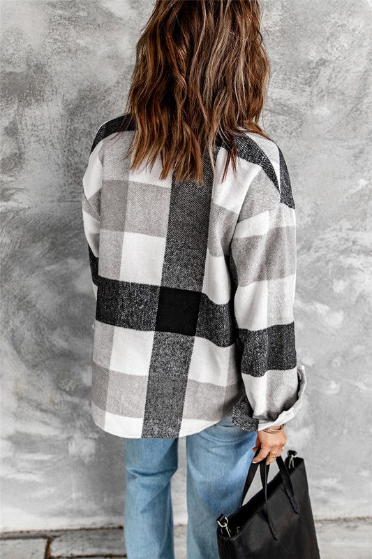 Fleece Flannel Shacket with Tan Buttons  Grey/White S