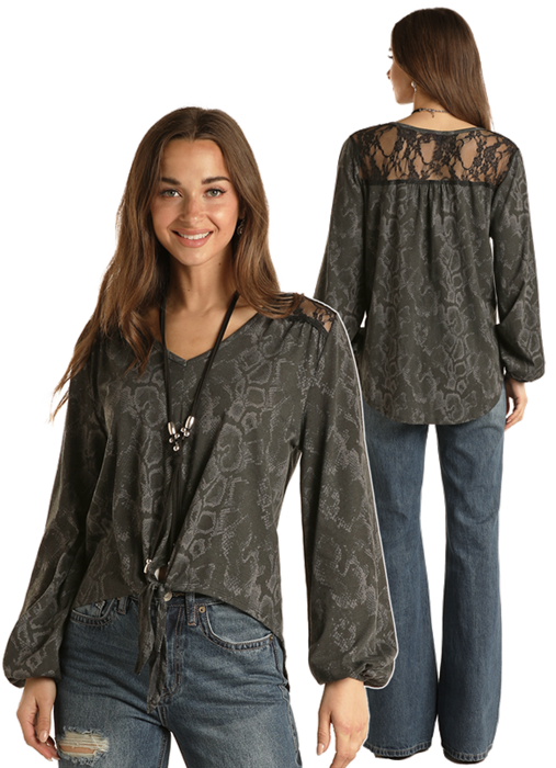 Snake Print Long Sleeve with Tie Detail- 