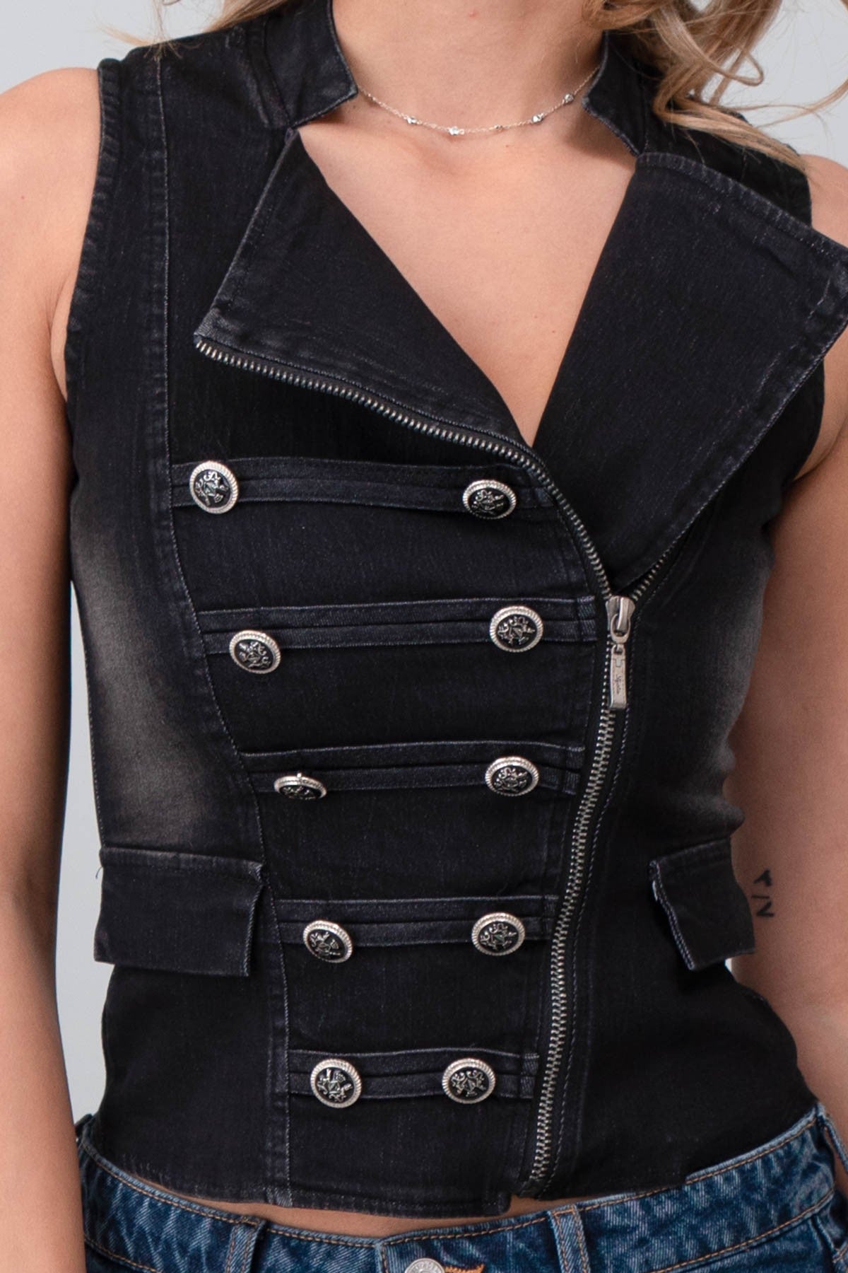 Denim Oblique Cut Vest/Tank- Black 