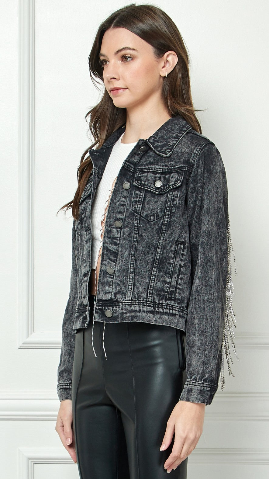 Black Denim Jacket with Crystal Fringe 