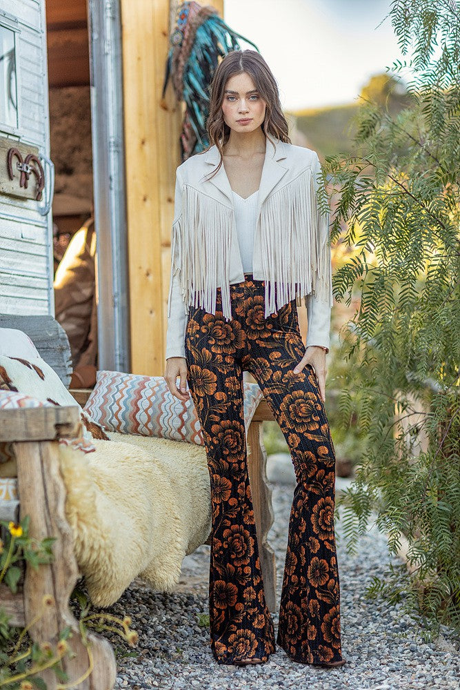 Velvet Floral Black Flare Pants