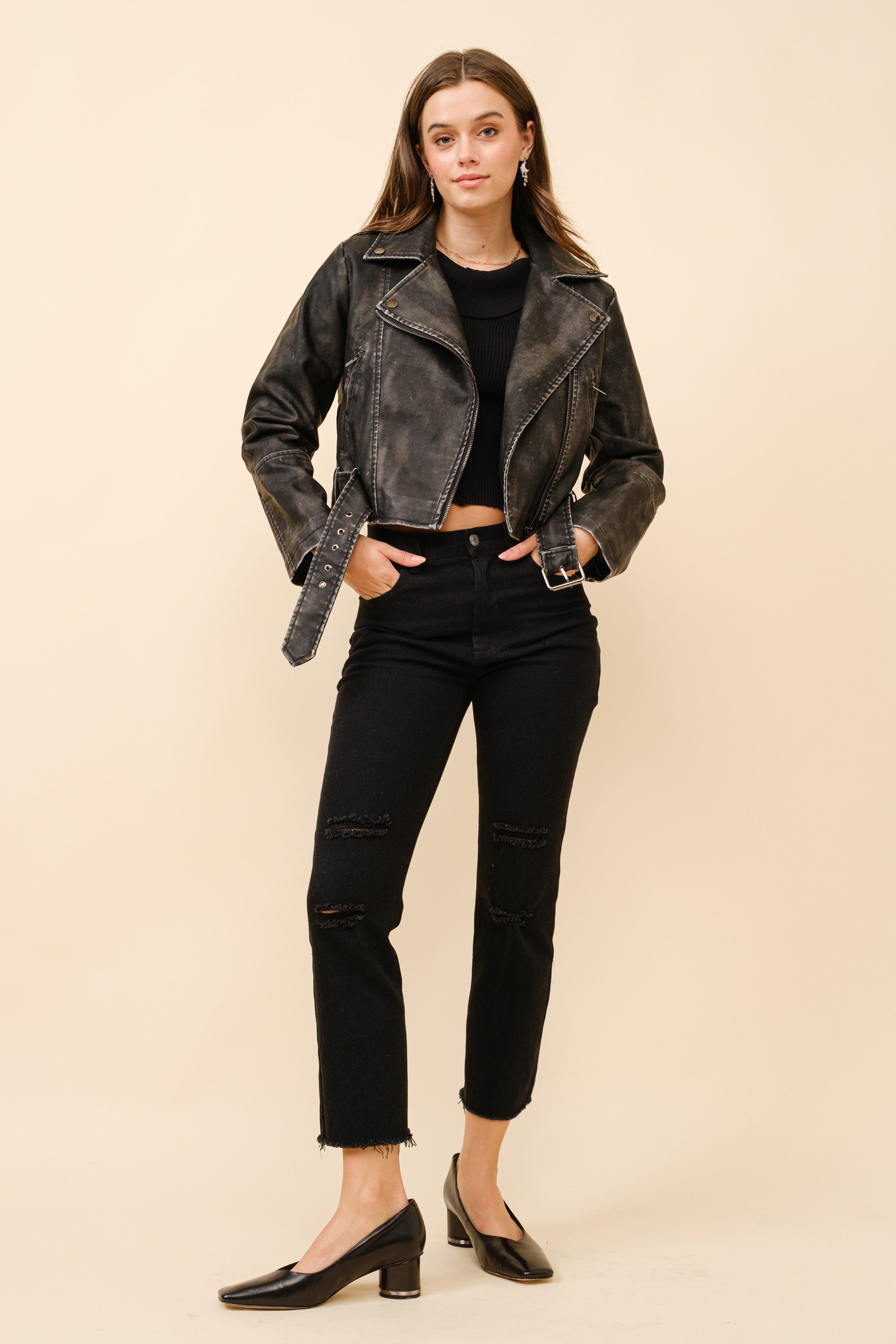 Washed Leather Moto Jacket- Black- 