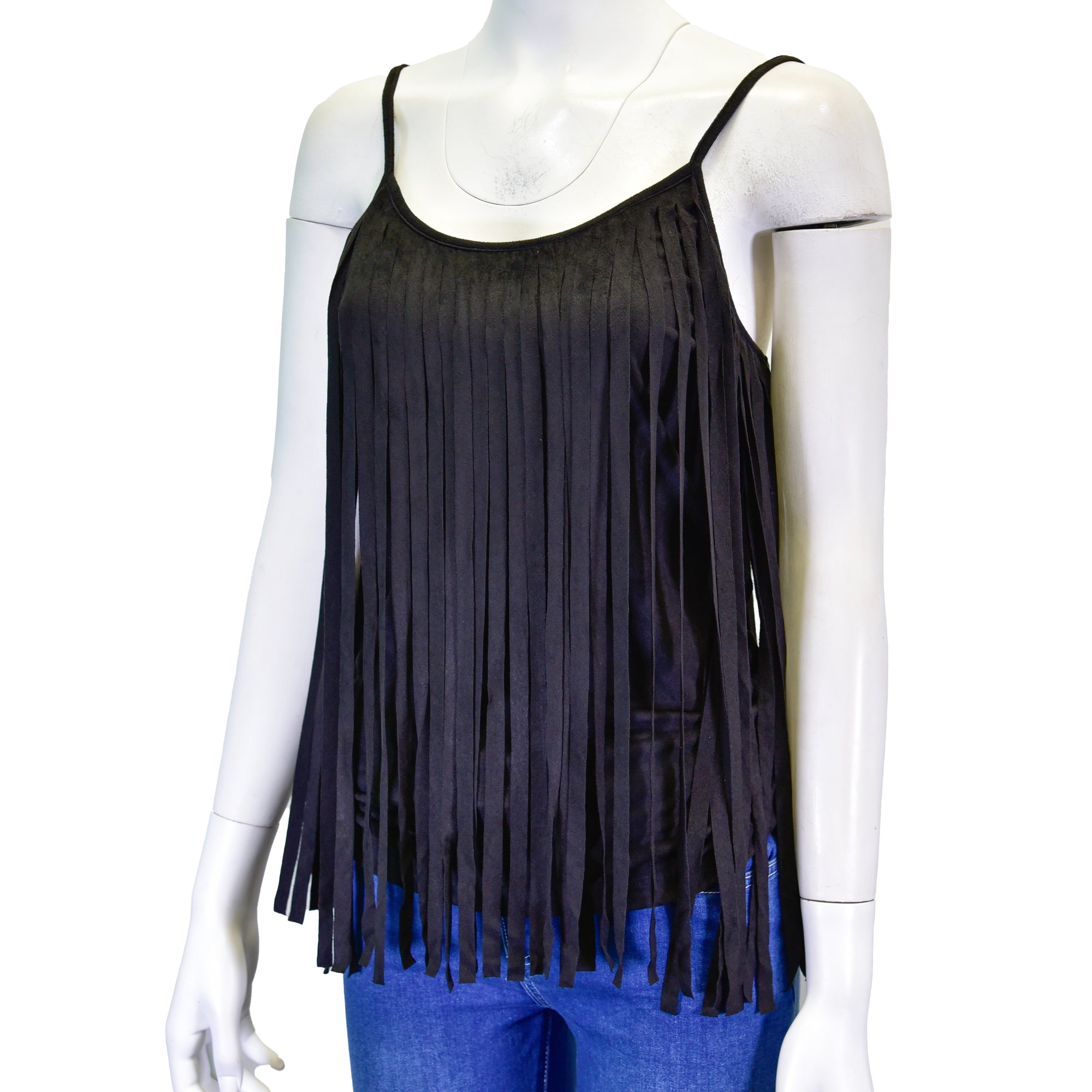Suede Fringe Cami- Black- 250332- 