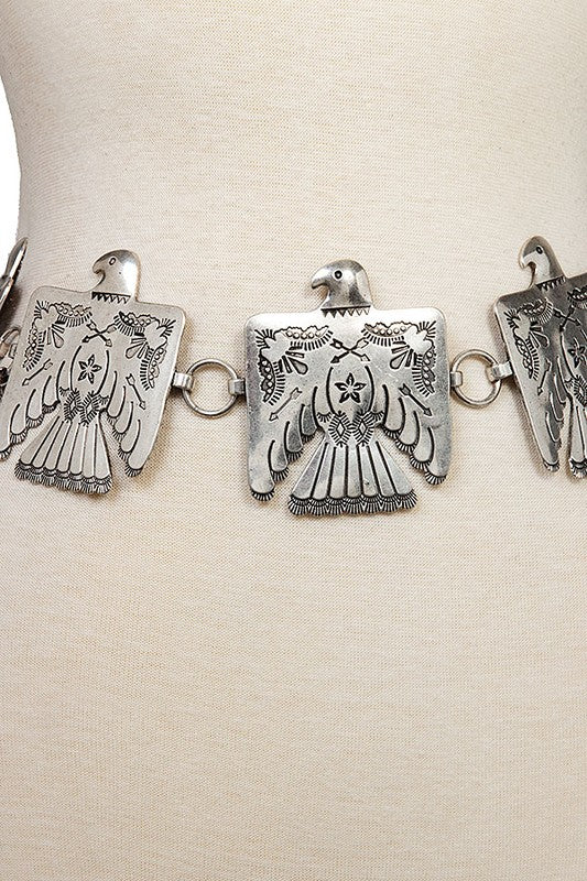 Etched Tribal Bird Concho Belt- Silver- S/M