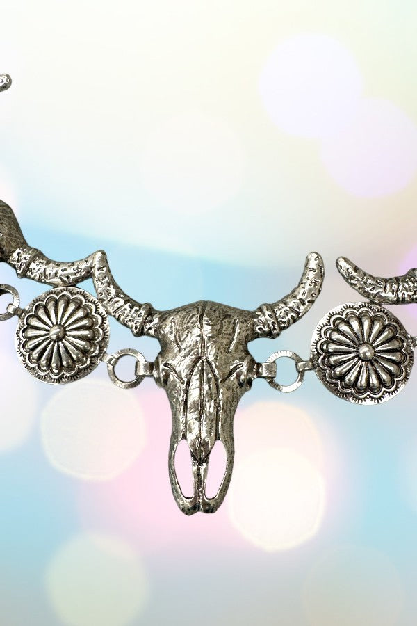 Western Steer Head Concho Belt- Silver-