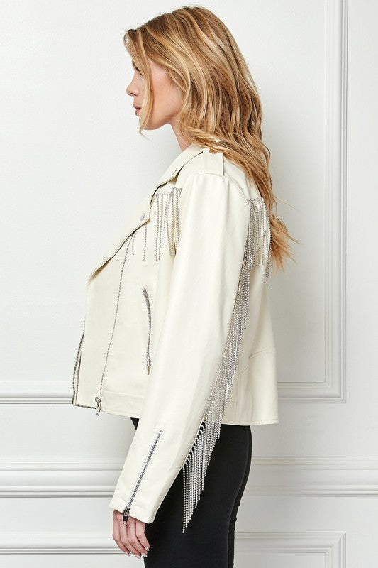 Rhinestone Fringe White Vegan Leather Jacket 