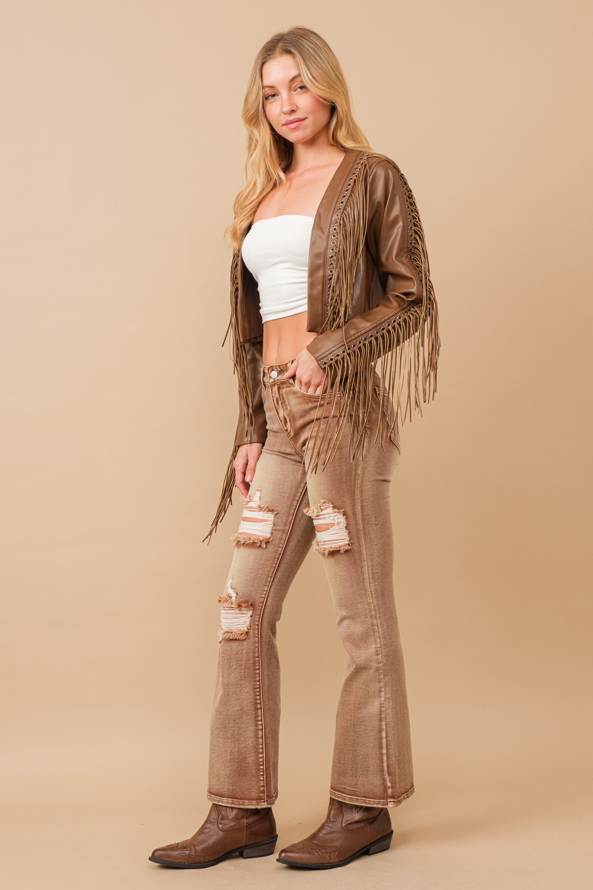 Faux Leather Cropped Eyelet Fringe Jacket- 61242J- Brown 