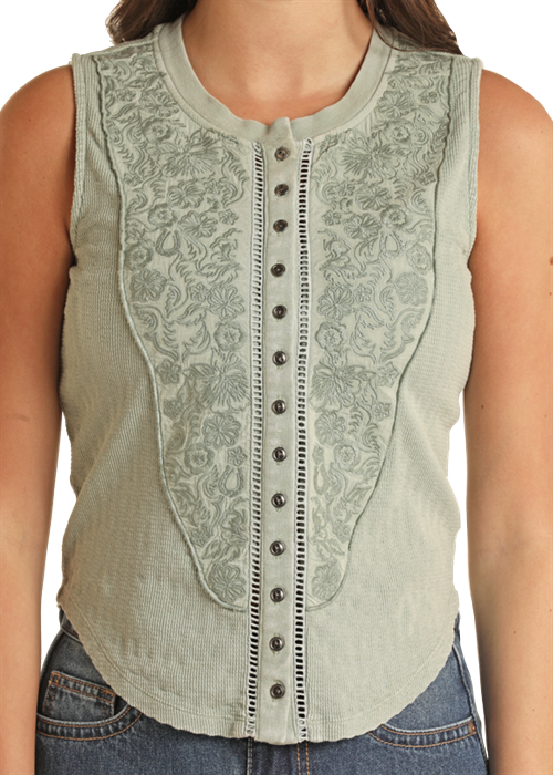 Floral Embroidered Tank- BW20T03302- Jade - 
