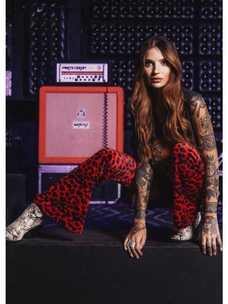 Animal Print Velvet Bell Bottom- Red- 