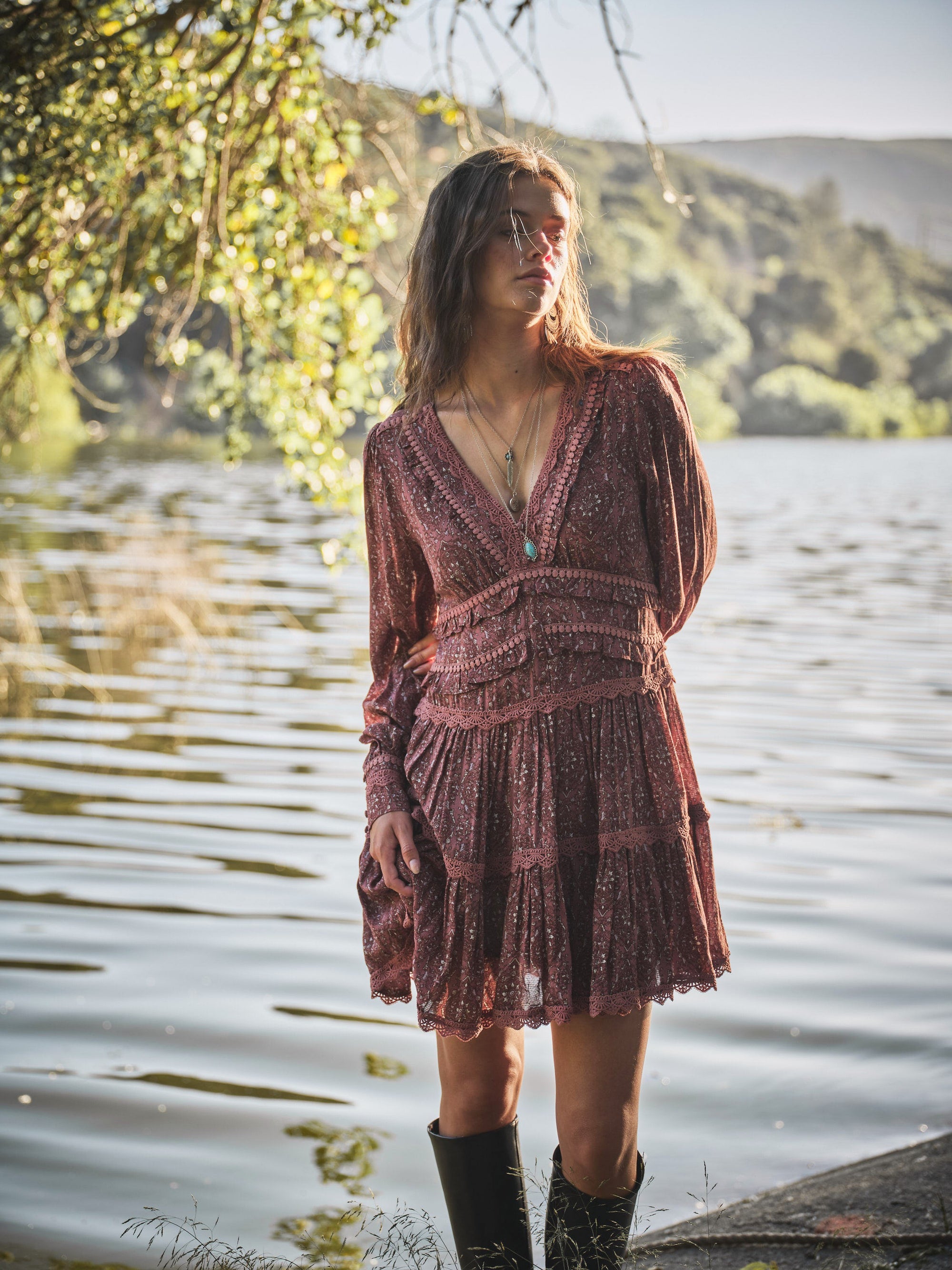 V-Neck Floral Tiered Dress- Wine- 