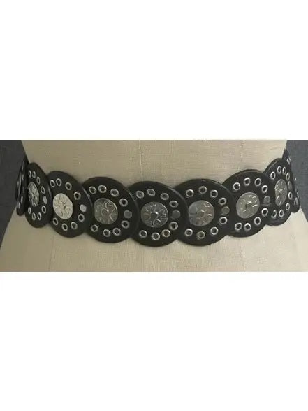 Handmade Leather Small Circle and Silver Plated Belt - B105-  Black