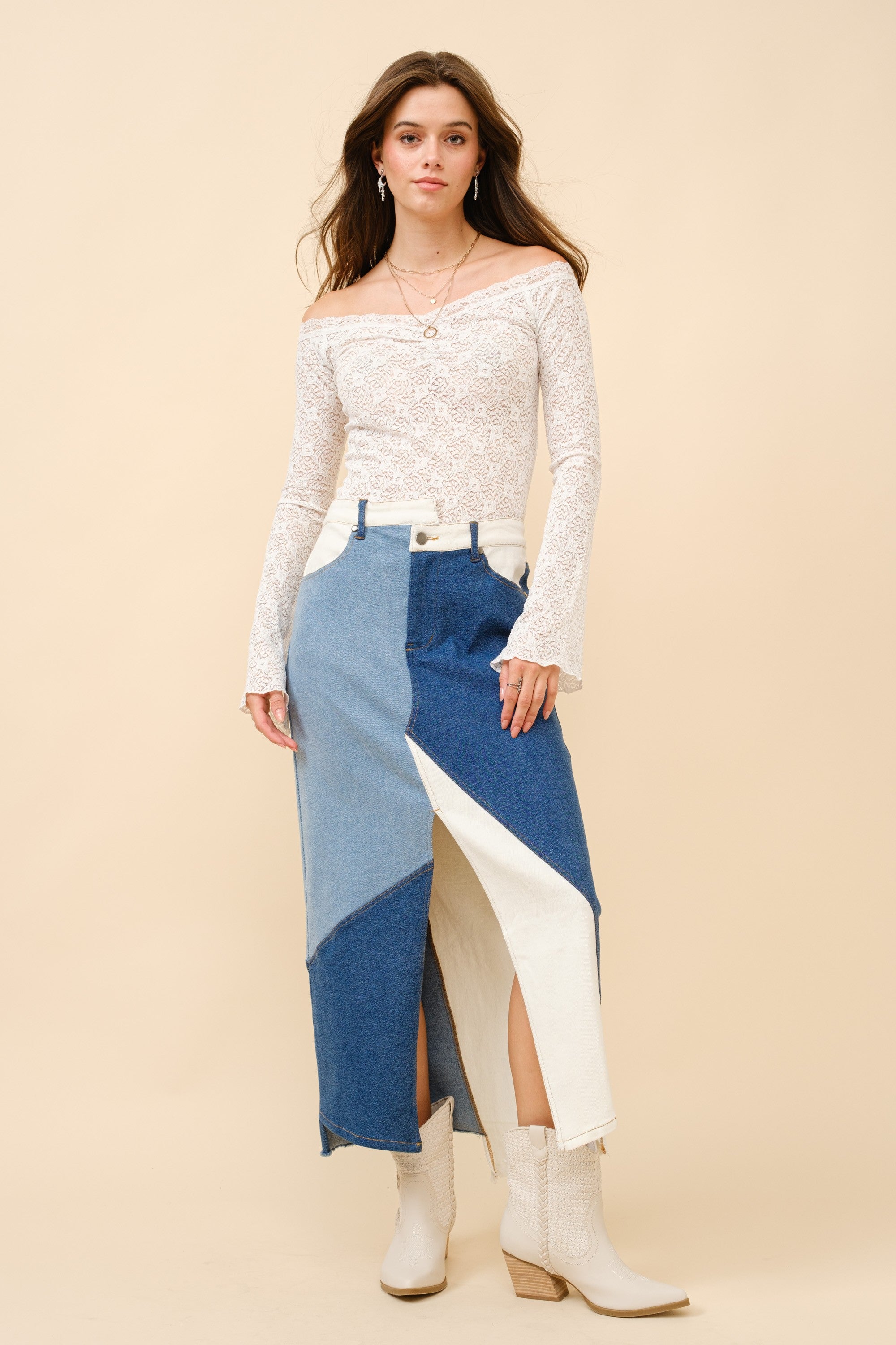 Lace Off-Shoulder Bell Sleeve Top- Off-White- 
