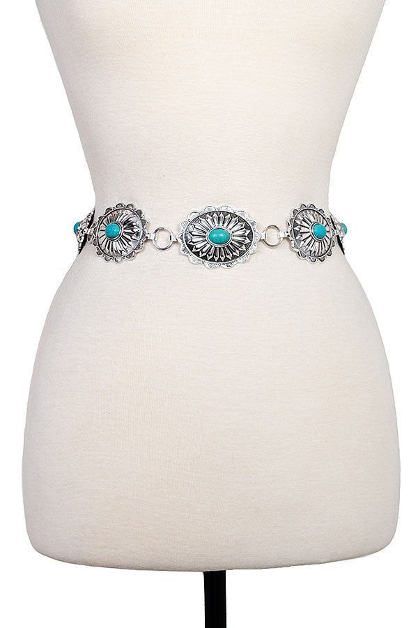Oval Classic Concho Belt- Silver/Turquoise-