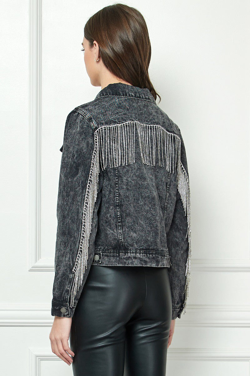 Black Denim Jacket with Crystal Fringe 