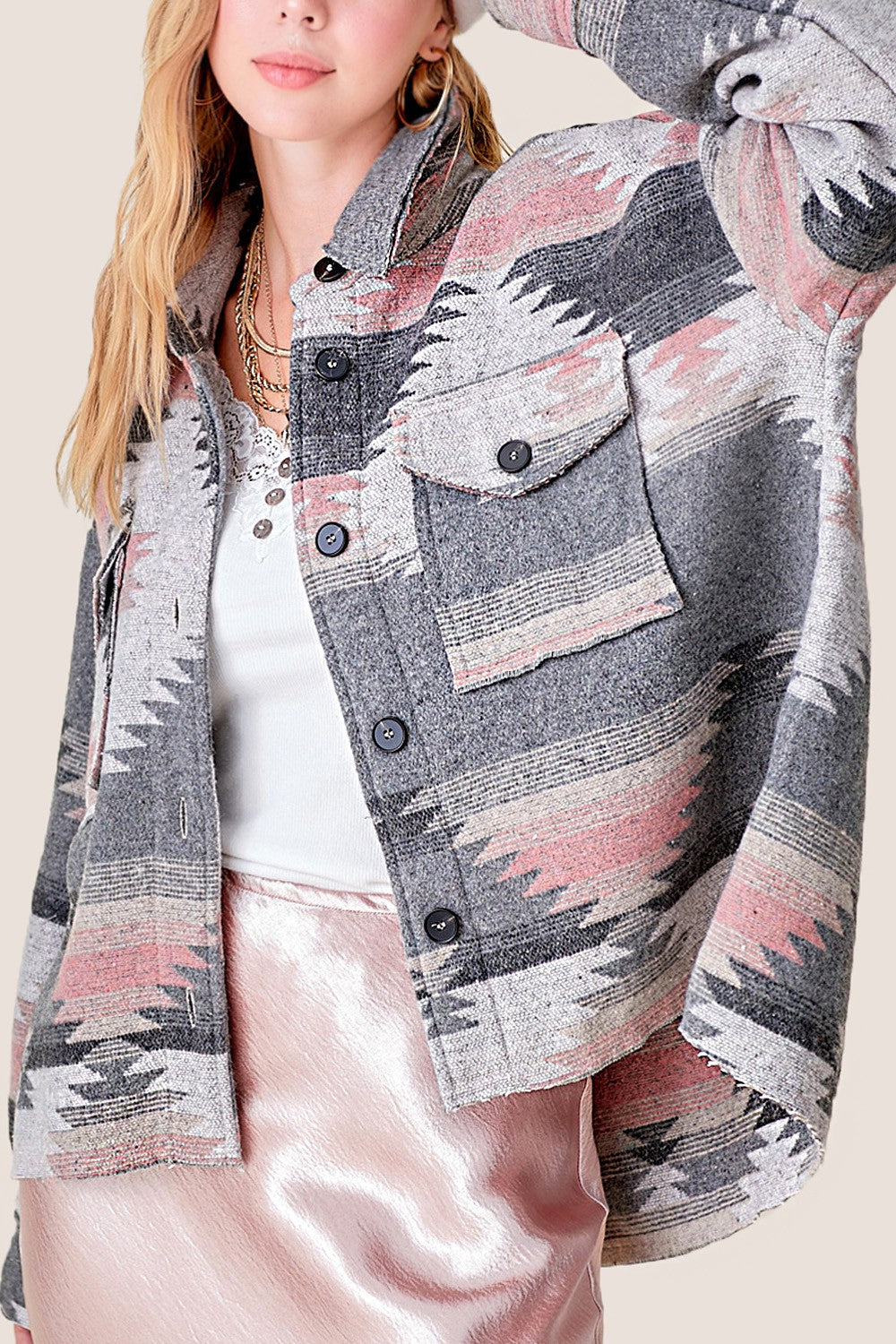 Aztec Print Shacket- Grey/Pink- 