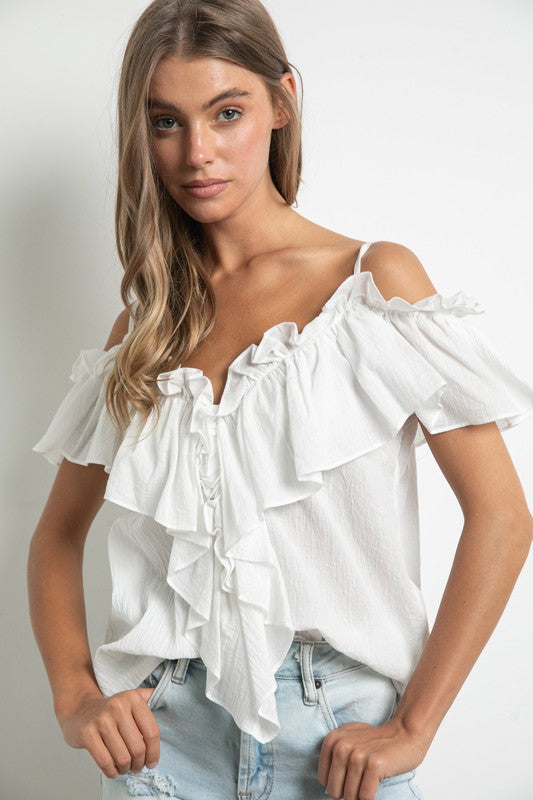 Off-Shoulder Ruffle Sleeve Top- White