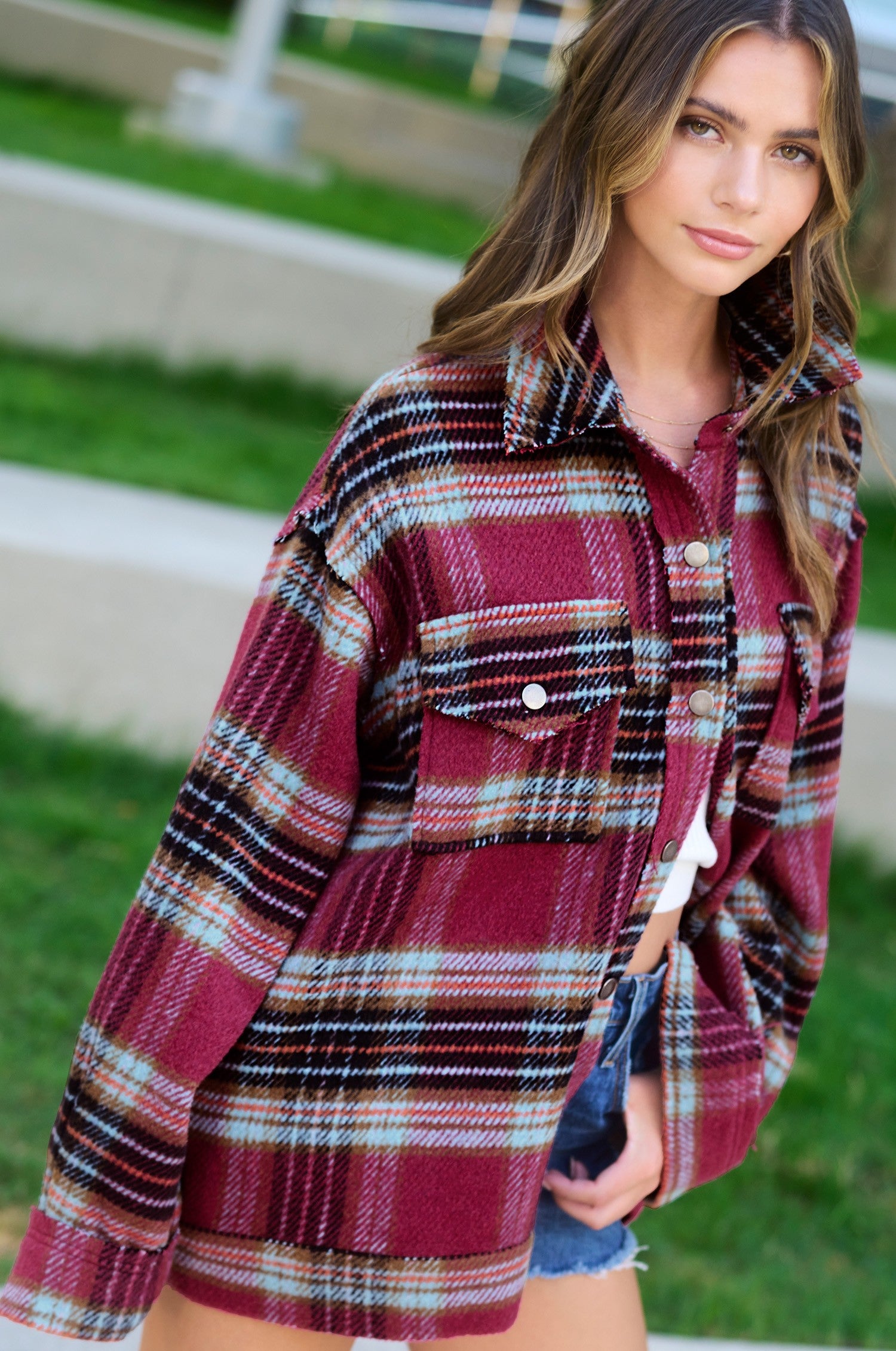 Hailee Plaid Shacket- Maroon/Plum