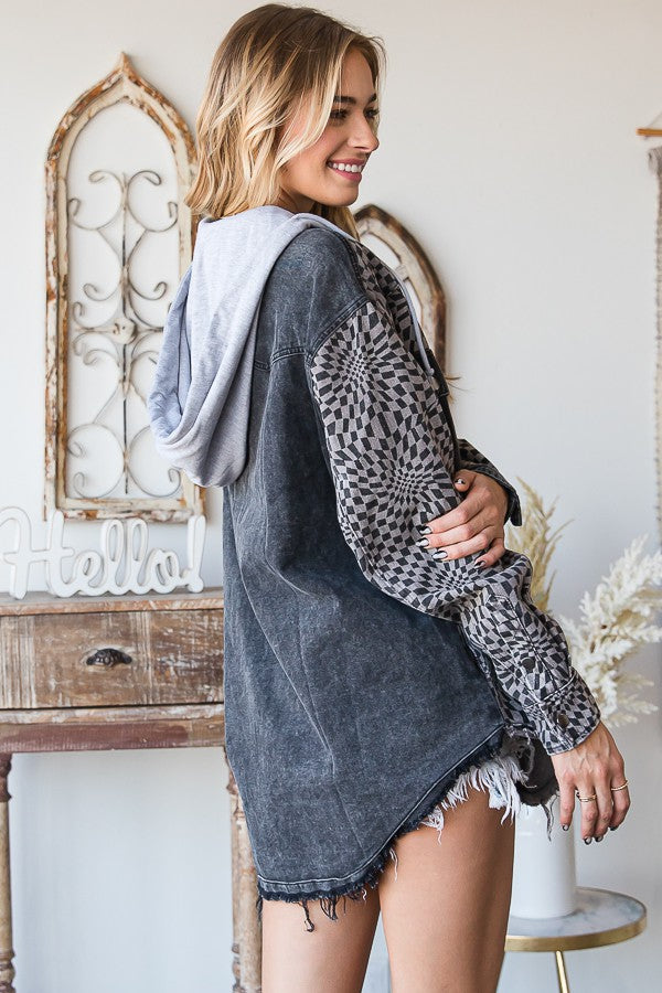 Checkered Hooded Shacket- MJ1065 - Black 
