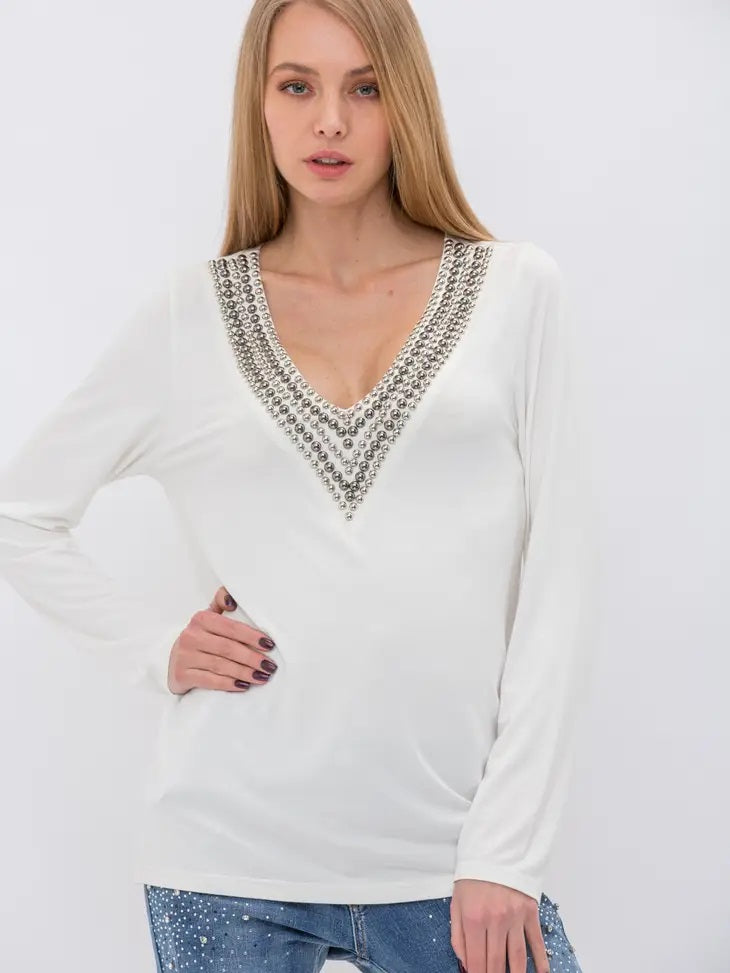 Bejeweled V-Neck Long Sleeve - White 