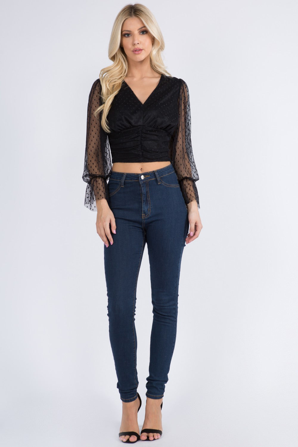 V-Neck Top with Sheer Dotted Sleeve-