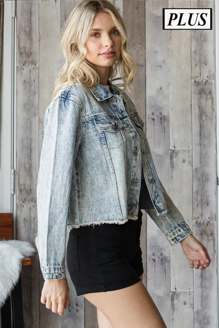 Distressed Denim Jacket with Rhinestone Stripes