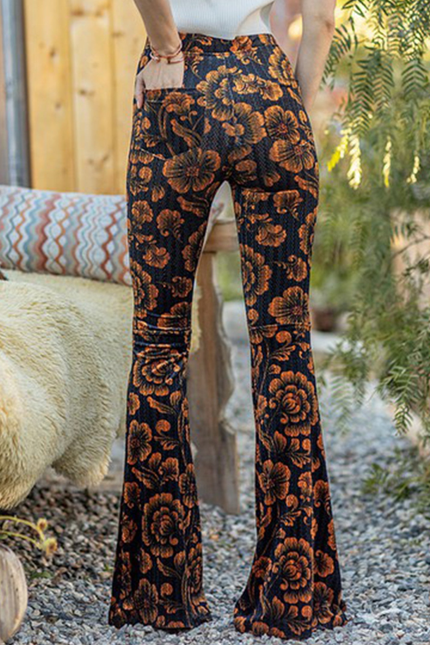 Velvet Floral Black Flare Pants