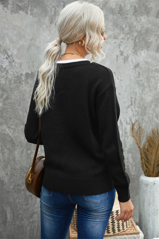 Black V-Neck Simple Sweater 