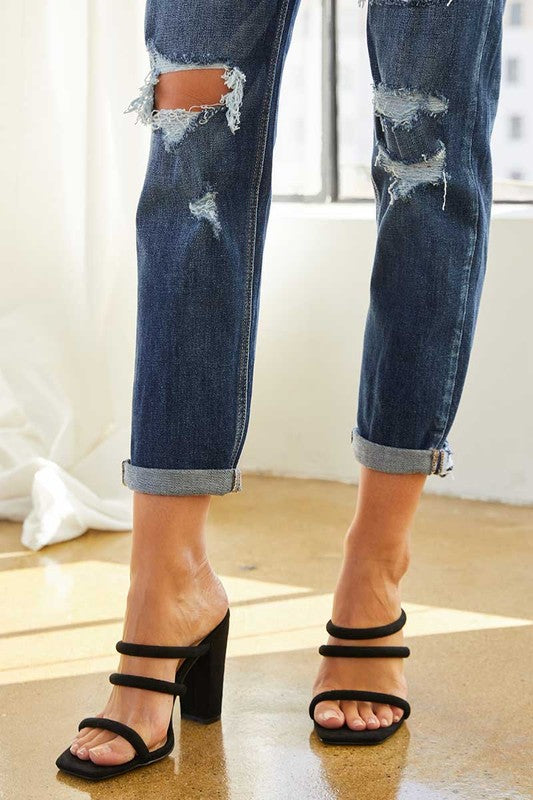 Mid-Rise Distressed Dark Wash Boyfriend Fit with Cuffed Bottom